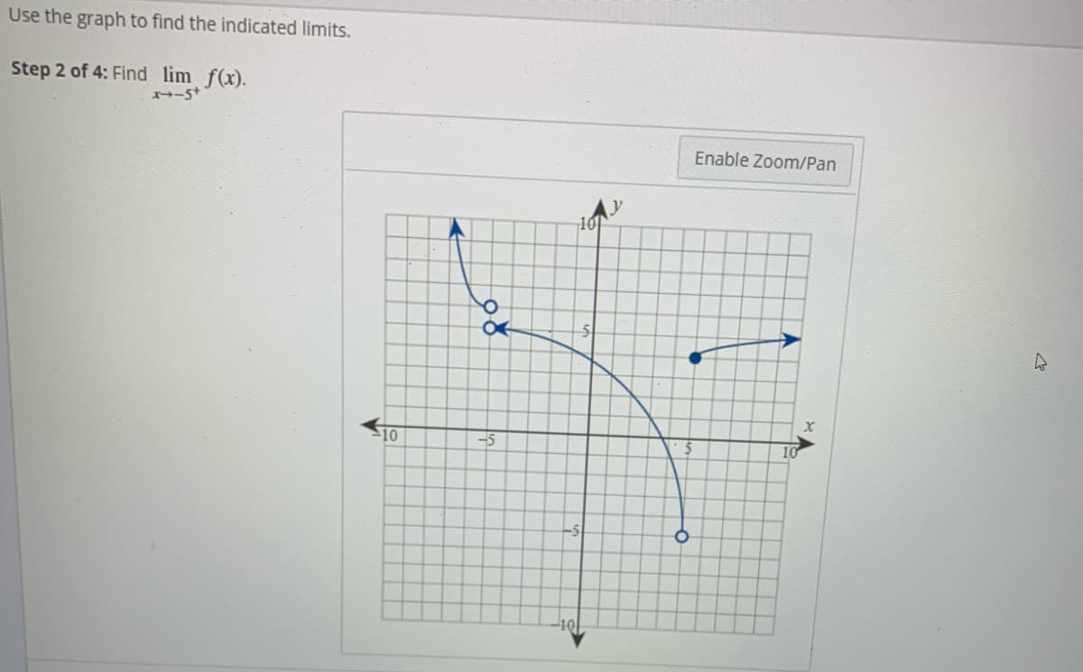 Use the graph to find the indicated limits.
Step 2 of 4: Find lim f(x).
H-5+
Enable Zoom/Pan
10
