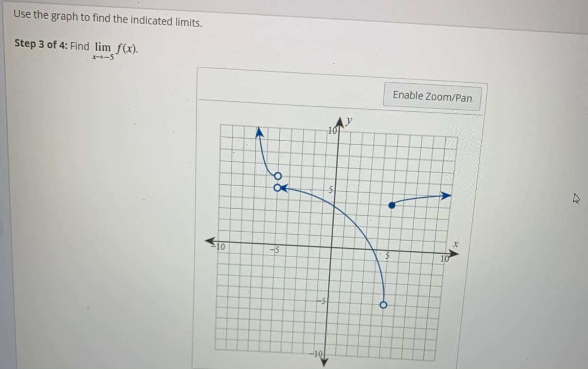 Use the graph to find the indicated limits.
Step 3 of 4: Find lim f(x).
Enable Zoom/Pan
10
-5
10
10
