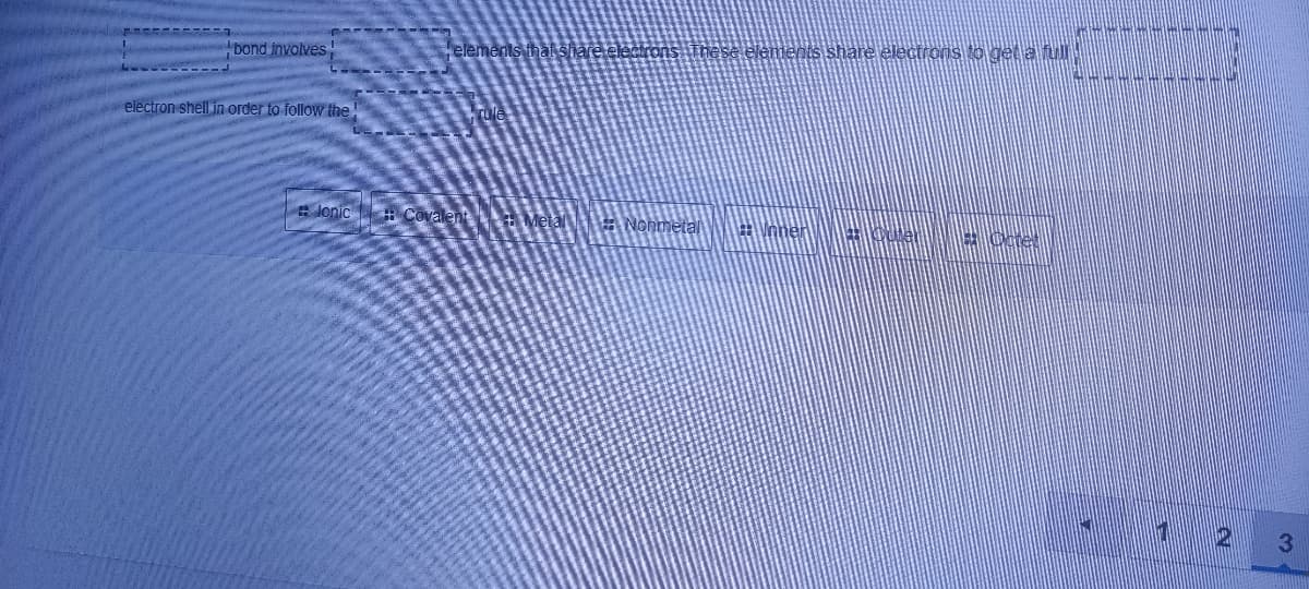 Dond involves
elements thal share electro
elements share electrons to get a full
electron shell in order to follow the!
lonic Covalent Metal Nonmetal
Vnner
