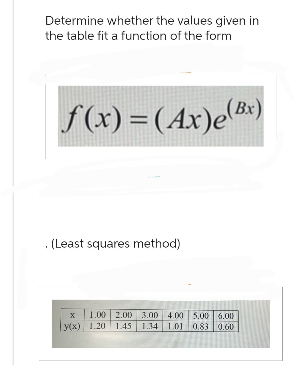 Determine whether the values given in
the table fit a function of the form
f(x)=(Ax)e(x)
. (Least squares method)
X
1.00 2.00 3.00 4.00 5.00 6.00
y(x) 1.20 1.45 1.34 1.01 0.83 0.60