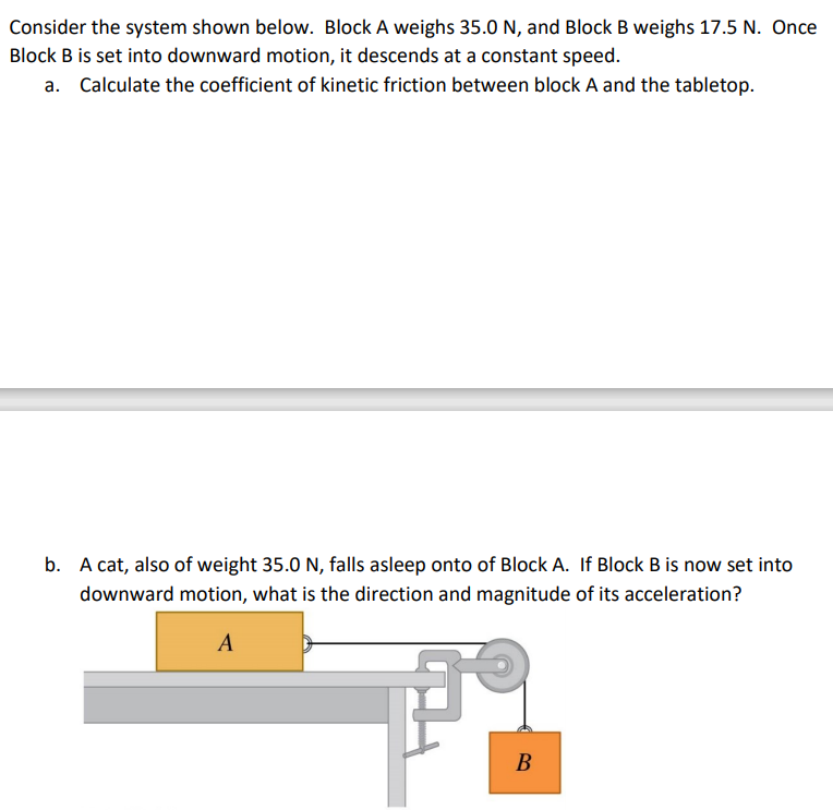 Consider the system shown below. Block A weighs 35.0 N, and Block B weighs 17.5 N. Once
Block B is set into downward motion, it descends at a constant speed.
a. Calculate the coefficient of kinetic friction between block A and the tabletop.
b. A cat, also of weight 35.0 N, falls asleep onto of Block A. If Block B is now set into
downward motion, what is the direction and magnitude of its acceleration?
A
B
