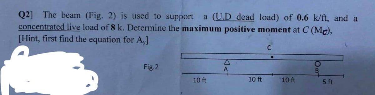 Q2] The beam (Fig. 2) is used to support a (U.D dead load) of 0.6 k/ft, and a
concentrated live load of 8 k. Determine the maximum positive moment at C (Mg),
[Hint, first find the equation for Ay]
Fig.2
10 ft
A
A
10 ft
C
'10 ft
Opt
5 ft