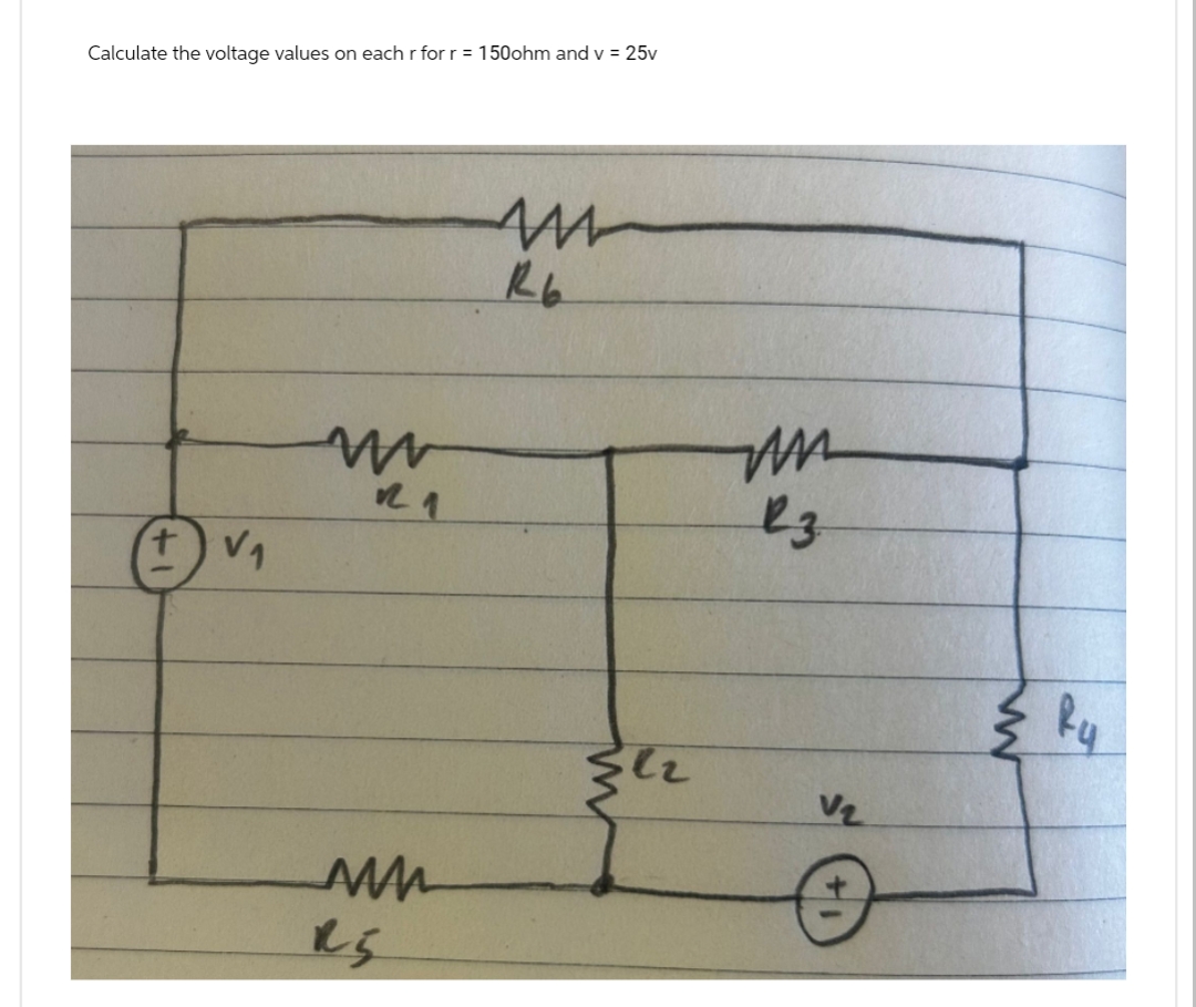 Calculate the voltage values on each r for r = 150ohm and v = 25v
④V₁
ww
21
Rb
23
して
V₂
e
W
Ru