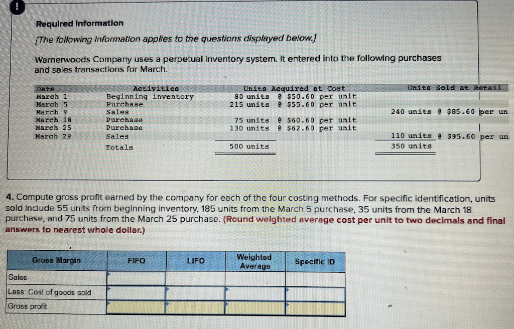 Required Information
[The following information applies to the questions displayed below.]
Warnerwoods Company uses a perpetual Inventory system. It entered into the following purchases
and sales transactions for March.
Date
March 1
March 5
March 9
March 18
March 25
March 29
Gross Margin
Activities
Sales
Less: Cost of goods sold
Gross profit
Beginning inventory.
Purchase
Sales
Purchase
Purchase
Sales
Totals.
FIFO
Units Acquired at Cost
80 units @ $50.60 per unit
215 units @ $55.60 per unit
LIFO
75 units @ $60.60 per unit
130 units @ $62.60 per unit
500 unite
4. Compute gross profit earned by the company for each of the four costing methods. For specific identification, units
sold include 55 units from beginning inventory, 185 units from the March 5 purchase, 35 units from the March 18
purchase, and 75 units from the March 25 purchase. (Round weighted average cost per unit to two decimals and final
answers to nearest whole dollar.)
Weighted
Average
Units Sold at Retail
Specific ID
240 units @ $85.60 per un
110 units @ $95.60 per un
350 units