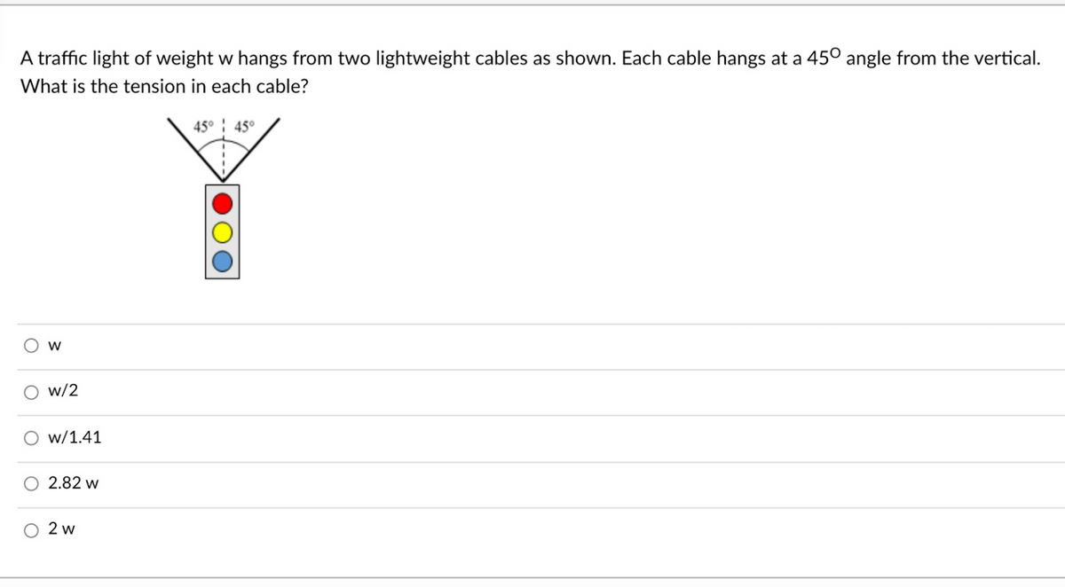 A traffic light of weight w hangs from two lightweight cables as shown. Each cable hangs at a 45° angle from the vertical.
What is the tension in each cable?
45° 45°
O w/2
w/1.41
2.82 w
O 2 w
