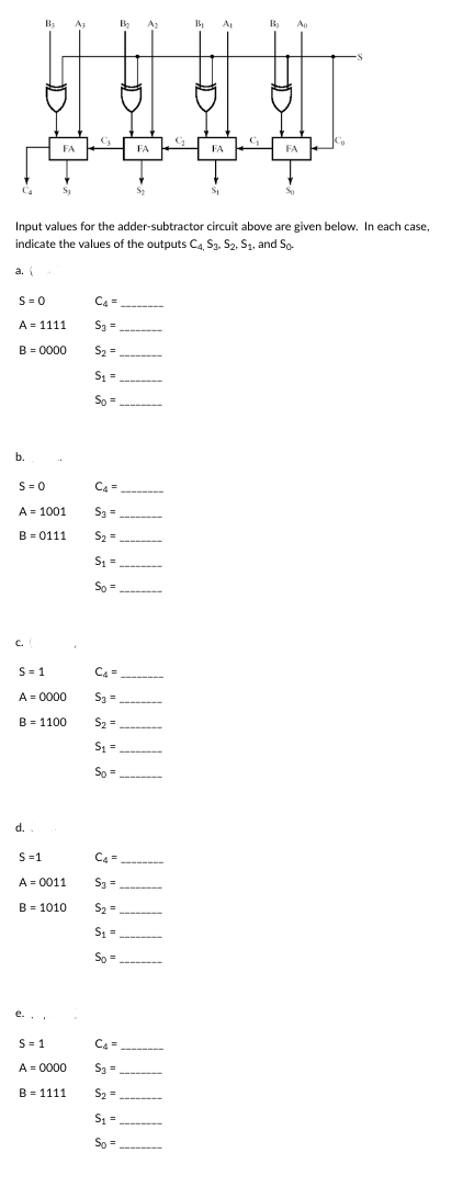 C₂
S = 0
A
B₂
b.
B = 0000
C. (
FA
S₁₂
= 1111
S=0
A = 1001
B = 0111
d.
S=1
A = 0000
B 1100
e...
S=1
A = 0011
B = 1010
Az
Input values for the adder-subtractor circuit above are given below. In each case,
indicate the values of the outputs C4, S3, S₂, S₁, and So-
a. (
S = 1
A = 0000
B = 1111
9₂
C4
S3 =
S₂ =
S₁ =
So =
C4=
S₂ =
S₂ =
S₁ =
So=
C4=
S3
S₂ =
S₁ =
So=
B₂
C4 =
S3 =
S₂ =
S₁ =
So=
C₁ =
S3 =
S₂ =
S₁ =
So =
A₂
FA
B₁ A₁
D
FA
St
Ao
FA
So