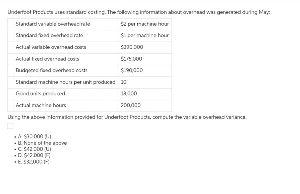 Underfoot Products uses standard costing. The following information about overhead was generated during May:
Standard variable overhead rate
$2 per machine hour
$1 per machine hour
$390,000
$175,000
$190,000
Standard fixed overhead rate
Actual variable overhead costs
Actual fixed overhead costs
Budgeted fixed overhead costs
Standard machine hours per unit produced 10
Good units produced
Actual machine hours
18,000
. A. $30,000 (U)
. B. None of the above
. C. $42,000 (U)
. D. $42,000 (F)
• E. $32,000 (F)
200,000
Using the above information provided for Underfoot Products, compute the variable overhead variance.