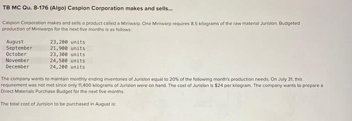 TB MC Qu. 8-176 (Algo) Caspion Corporation makes and sells...
Caspion Corporation makes and sells a product called a Miniwarp. One Miniwarp requires 8.5 kilograms of the raw material Jurislon. Budgeted
production of Miniwarps for the next five months is as follows:
August
September
October
November
December
23,200 units
21,900 units
23,300 units
24,500 units
24,200 units
The company wants to maintain monthly ending inventories of Jurision equal to 20% of the following month's production needs. On July 31, this
requirement was not met since only 11,400 kilograms of Jurislon were on hand. The cost of Jurislon is $24 per kilogram. The company wants to prepare a
Direct Materials Purchase Budget for the next five months.
The total cost of Jurision to be purchased in August is: