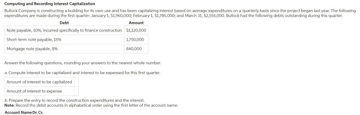 Computing and Recording Interest Capitalization
Bullock Company is constructing a building for its own use and has been capitalizing interest based on average expenditures on a quarterly basis since the project began last year. The following
expenditures are made during the first quarter: January 1, $1,960,000; February 1, $1,785,000; and March 31, $2,555,000. Bullock had the following debts outstanding during this quarter.
Debt
Amount
Note payable, 10%, incurred specifically to finance construction $1,120,000
1,750,000
Short-term note payable, 15%
Mortgage note payable, 8%
840,000
Answer the following questions, rounding your answers to the nearest whole number.
a. Compute interest to be capitalized and interest to be expensed for this first quarter.
Amount of interest to be capitalized
Amount of interest to expense
b. Prepare the entry to record the construction expenditures and the interest.
Note: Record the debit accounts in alphabetical order using the first letter of the account name.
Account Name Dr. Cr.