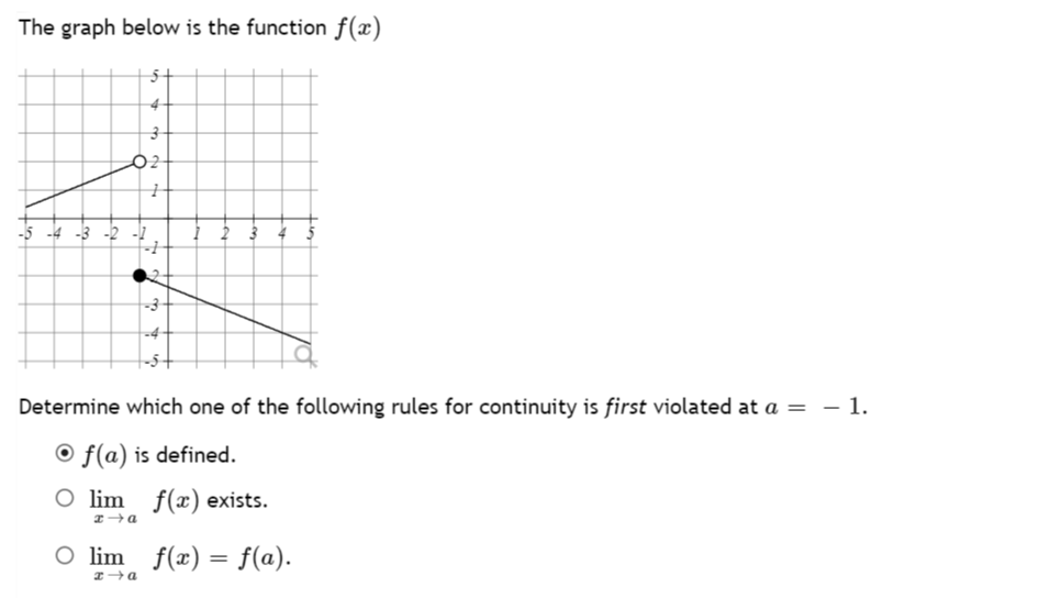 The graph below is the function f(x)
3
02
-5 -4 -3 -2
-3-
Determine which one of the following rules for continuity is first violated at a = - 1.
Of(a) is defined.
O lim f(x) exists.
x→a
O lim f(x) = f(a).
x→a
my
1
₂