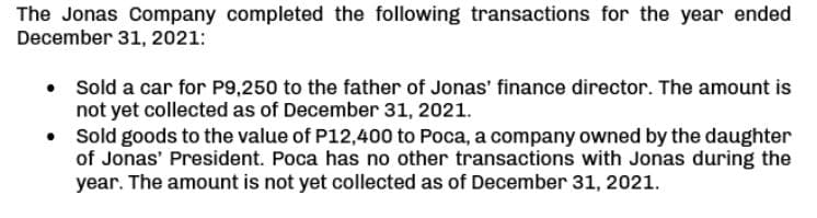 The Jonas Company completed the following transactions for the year ended
December 31, 2021:
• Sold a car for P9,250 to the father of Jonas' finance director. The amount is
not yet collected as of December 31, 2021.
Sold goods to the value of P12,400 to Poca, a company owned by the daughter
of Jonas' President. Poca has no other transactions with Jonas during the
year. The amount is not yet collected as of December 31, 2021.
