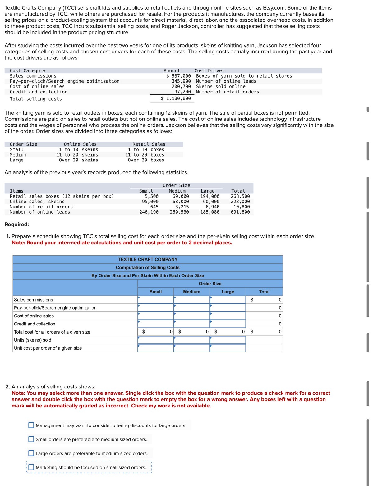 Textile Crafts Company (TCC) sells craft kits and supplies to retail outlets and through online sites such as Etsy.com. Some of the items
are manufactured by TCC, while others are purchased for resale. For the products it manufactures, the company currently bases its
selling prices on a product-costing system that accounts for direct material, direct labor, and the associated overhead costs. In addition
to these product costs, TCC incurs substantial selling costs, and Roger Jackson, controller, has suggested that these selling costs
should be included in the product pricing structure.
After studying the costs incurred over the past two years for one of its products, skeins of knitting yarn, Jackson has selected four
categories of selling costs and chosen cost drivers for each of these costs. The selling costs actually incurred during the past year and
the cost drivers are as follows:
Cost Category
Sales commissions
Pay-per-click/Search engine optimization
Cost of online sales
Credit and collection
Total selling costs
The knitting yarn is sold to retail outlets in boxes, each containing 12 skeins of yarn. The sale of partial boxes is not permitted.
Commissions are paid on sales to retail outlets but not on online sales. The cost of online sales includes technology infrastructure
costs and the wages of personnel who process the online orders. Jackson believes that the selling costs vary significantly with the size
of the order. Order sizes are divided into three categories as follows:
Order Size
Small
Medium
Large
1 to 10
Online Sales
1 to 10 skeins
11 to 20 skeins
Over 20 skeins
Retail Sales
boxes
11 to 20 boxes
Over 20 boxes
An analysis of the previous year's records produced the following statistics.
Items
Retail sales boxes (12 skeins per box)
Online sales, skeins
Number of retail orders
Number of online leads
Small
5,500
95,000
645
246, 190
Sales commissions
Pay-per-click/Search engine optimization
Cost of online sales
Credit and collection
Total cost for all orders of a given size
Units (skeins) sold
Unit cost per order of a given size
Cost Driver
Amount
$ 537,000
Boxes of yarn sold to retail stores
Numbe of online leads
Skeins sold online
345,900
200,700
97,200 Number of retail orders
$ 1,180,800
Required:
1. Prepare a schedule showing TCC's total selling cost for each order size and the per-skein selling cost within each order size.
Note: Round your intermediate calculations and unit cost per order to 2 decimal places.
TEXTILE CRAFT COMPANY
Computation of Selling Costs
By Order Size and Per Skein Within Each Order Size
Small orders are preferable to medium sized orders.
Order Size
Medium
Large orders are preferable to medium sized orders.
69,000
68,000
3,215
260,530
Small
Marketing should be focused on small sized orders.
Management may want to consider offering discounts for large orders.
Large
194,000
60,000
6,940
185, 080
Medium
Order Size
Total
268,500
223,000
10,800
691,800
0
Large
0 $
Total
2. An analysis of selling costs shows:
Note: You may select more than one answer. Single click the box with the question mark to produce a check mark for a correct
answer and double click the box with the question mark to empty the box for a wrong answer. Any boxes left with a question
mark will be automatically graded as incorrect. Check my work is not available.
0
0
0
O
0