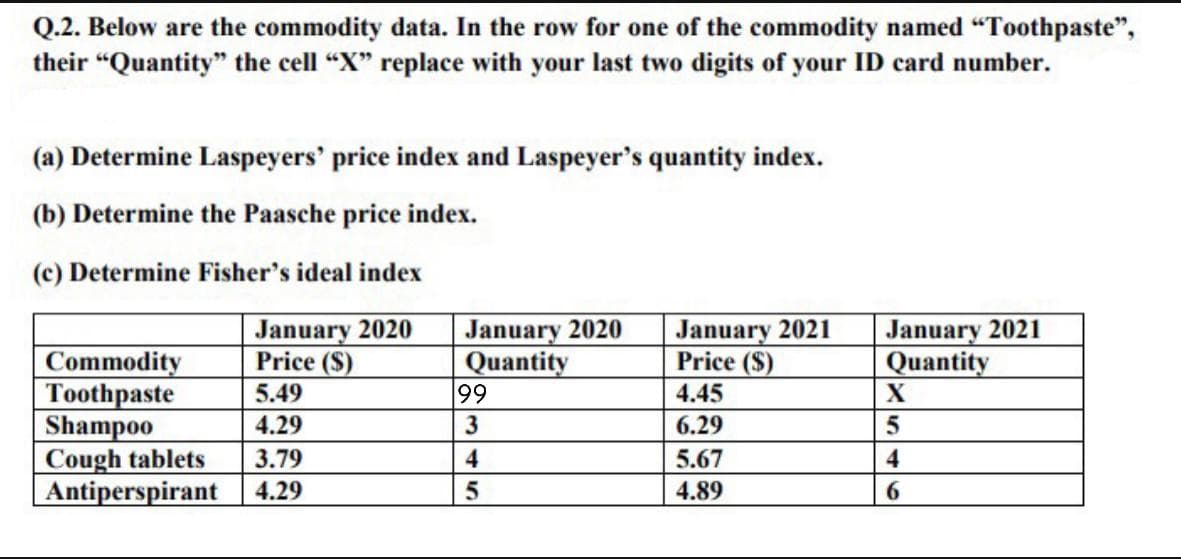 Q.2. Below are the commodity data. In the row for one of the commodity named "Toothpaste",
their "Quantity" the cell “X" replace with your last two digits of your ID card number.
(a) Determine Laspeyers' price index and Laspeyer's quantity index.
(b) Determine the Paasche price index.
(c) Determine Fisher's ideal index
January 2020
Price ($)
January 2020
Quantity
99
January 2021
Price ($)
January 2021
Quantity
X
Commodity
Toothpaste
Shampoo
Cough tablets
Antiperspirant 4.29
5.49
4.45
4.29
6.29
3.79
4
5.67
4
4.89
6.
