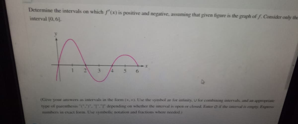 Determine the intervals on which f'(x) is positive and negative, assuming that given figure is the graph of f. Consider only the
interval [0.6].
निजी
1 2 3 4 5 6
(Give your answers as intervals in the form (*. *). Use the symbol co for infinity. U for combining intervals, and an appropriate
type of parenthesis "(".")", "["."]" depending on whether the interval is open or closed. Enter if the interval is empty. Express
numbers in exact form. Use symbolic notation and fractions where needed.)
