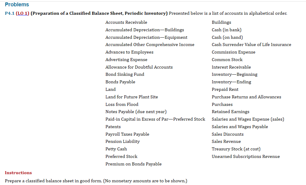 Problems
P4.1 (LO 1) (Preparation of a Classified Balance Sheet, Periodic Inventory) Presented below is a list of accounts in alphabetical order.
Accounts Receivable
Buildings
Cash (in bank)
Accumulated Depreciation-Buildings
Accumulated Depreciation-Equipment
Cash (on hand)
Accumulated Other Comprehensive Income
Cash Surrender Value of Life Insurance
Commission Expense
Advances to Employees
Advertising Expense
Common Stock
Allowance for Doubtful Accounts
Interest Receivable
Inventory Beginning
Bond Sinking Fund
Bonds Payable
Land
Land for Future Plant Site
Loss from Flood
Notes Payable (due next year)
Paid-in Capital in Excess of Par-Preferred Stock
Patents
Payroll Taxes Payable
Pension Liability
Petty Cash
Preferred Stock
Premium on Bonds Payable
Instructions
Prepare a classified balance sheet in good form. (No monetary amounts are to be shown.)
Inventory-Ending
Prepaid Rent
Purchase Returns and Allowances
Purchases
Retained Earnings
Salaries and Wages Expense (sales)
Salaries and Wages Payable
Sales Discounts
Sales Revenue
Treasury Stock (at cost)
Unearned Subscriptions Revenue