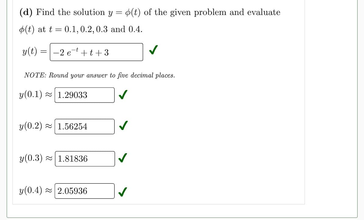 (d) Find the solution y = o(t) of the given problem and evaluate
o(t) at t = 0.1, 0.2, 0.3 and 0.4.
y(t) =
=
-2 e
-t
+t+3
NOTE: Round your answer to five decimal places.
y (0.1)
1.29033
y (0.2) 1.56254
y(0.3)~ 1.81836
y (0.4) 2.05936