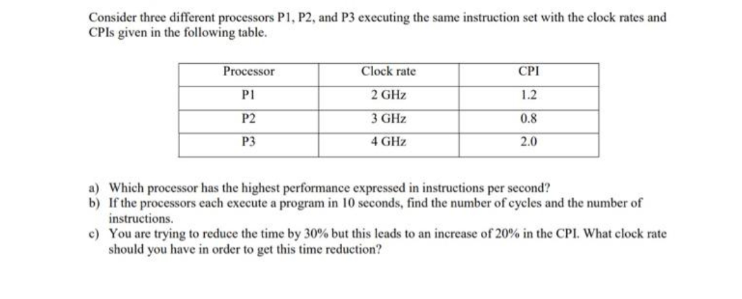 Consider three different processors P1, P2, and P3 executing the same instruction set with the clock rates and
CPIS given in the following table.
Processor
Clock rate
CPI
P1
2 GHz
1.2
P2
3 GHz
0.8
P3
4 GHz
2.0
a) Which processor has the highest performance expressed in instructions per second?
b) If the processors each execute a program in 10 seconds, find the number of cycles and the number of
instructions.
c) You are trying to reduce the time by 30% but this leads to an increase of 20% in the CPI. What clock rate
should you have in order to get this time reduction?
