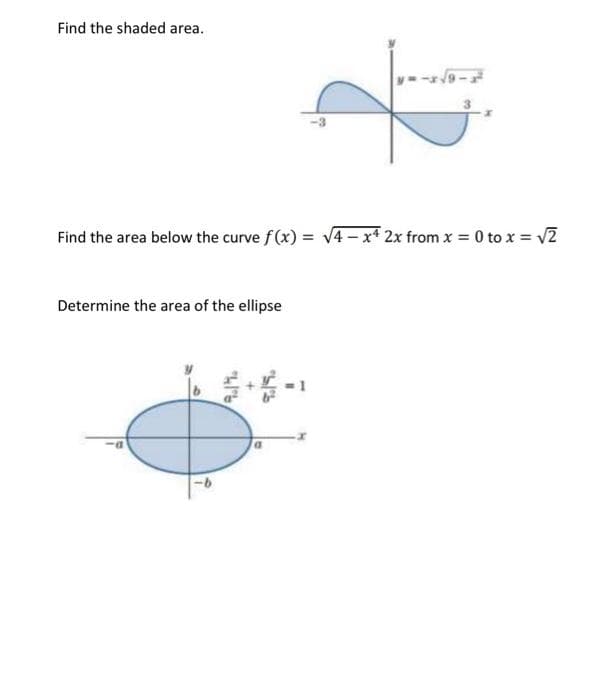 Find the shaded area.
= 0 to x = √√2
Find the area below the curve f(x)=√4x4 2x from x =
Determine the area of the ellipse
TH