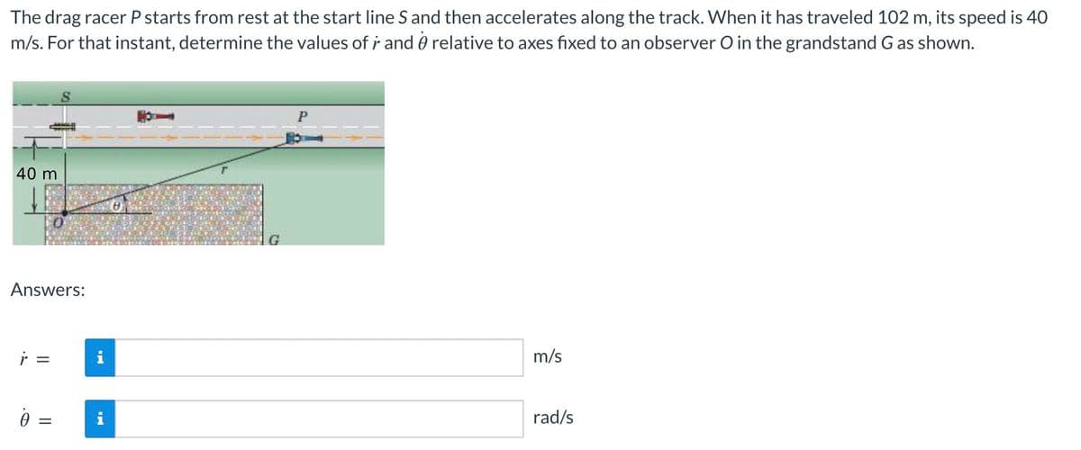 The drag racer P starts from rest at the start line S and then accelerates along the track. When it has traveled 102 m, its speed is 40
m/s. For that instant, determine the values of r and relative to axes fixed to an observer O in the grandstand G as shown.
40 m
Answers:
r
0
=
=
HI
m/s
rad/s