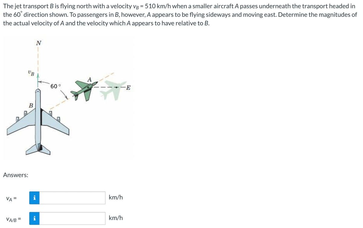 The jet transport B is flying north with a velocity VB = 510 km/h when a smaller aircraft A passes underneath the transport headed in
the 60° direction shown. To passengers in B, however, A appears to be flying sideways and moving east. Determine the magnitudes of
the actual velocity of A and the velocity which A appears to have relative to B.
VA =
UB
Answers:
VA/B =
B
IN
N
60°
km/h
km/h
-E