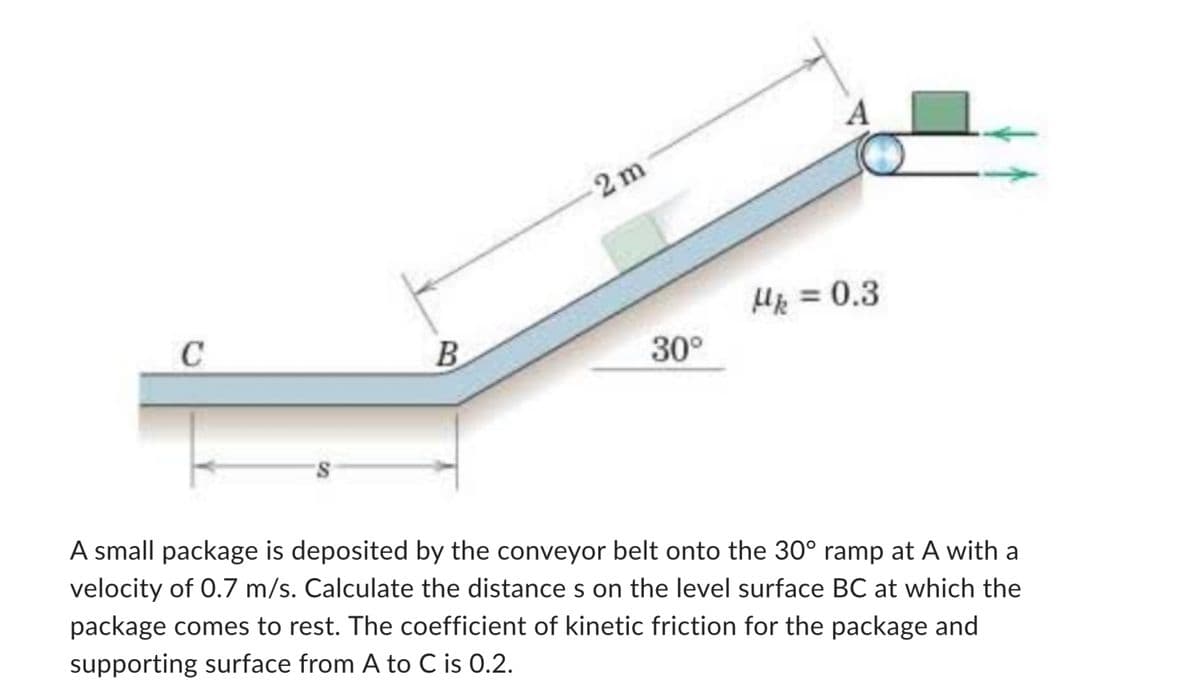 C
B
2m
30°
A
Mk = 0.3
A small package is deposited by the conveyor belt onto the 30° ramp at A with a
velocity of 0.7 m/s. Calculate the distance s on the level surface BC at which the
package comes to rest. The coefficient of kinetic friction for the package and
supporting surface from A to C is 0.2.