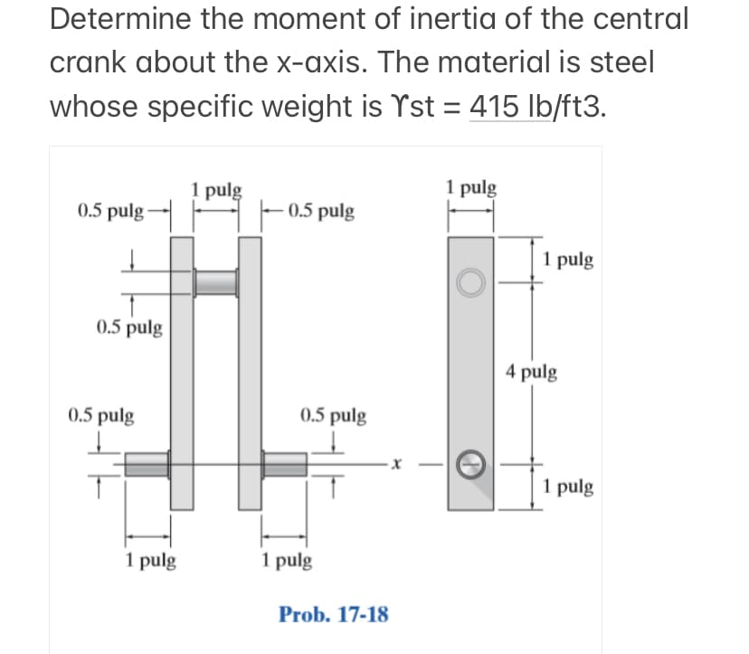 Determine the moment of inertia of the central
crank about the x-axis. The material is steel
whose specific weight is Yst = 415 lb/ft3.
0.5 pulg
0.5 pulg
0.5 pulg
1 pulg
1 pulg
0.5 pulg
0.5 pulg
1 pulg
Prob. 17-18
·x
1 pulg
1 pulg
4 pulg
1 pulg