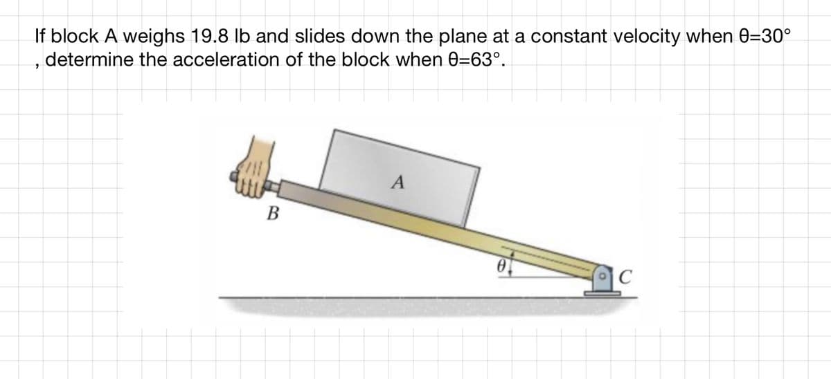 If block A weighs 19.8 lb and slides down the plane at a constant velocity when 0-30°
determine the acceleration of the block when 0-63°.
"
B
A
0
C