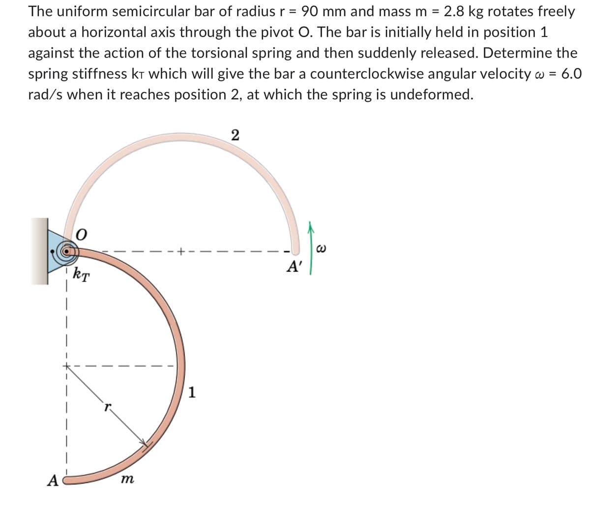 The uniform semicircular bar of radius r = 90 mm and mass m = 2.8 kg rotates freely
about a horizontal axis through the pivot O. The bar is initially held in position 1
against the action of the torsional spring and then suddenly released. Determine the
spring stiffness KT which will give the bar a counterclockwise angular velocity w = 6.0
rad/s when it reaches position 2, at which the spring is undeformed.
A
KT
m
1
2
A'
3