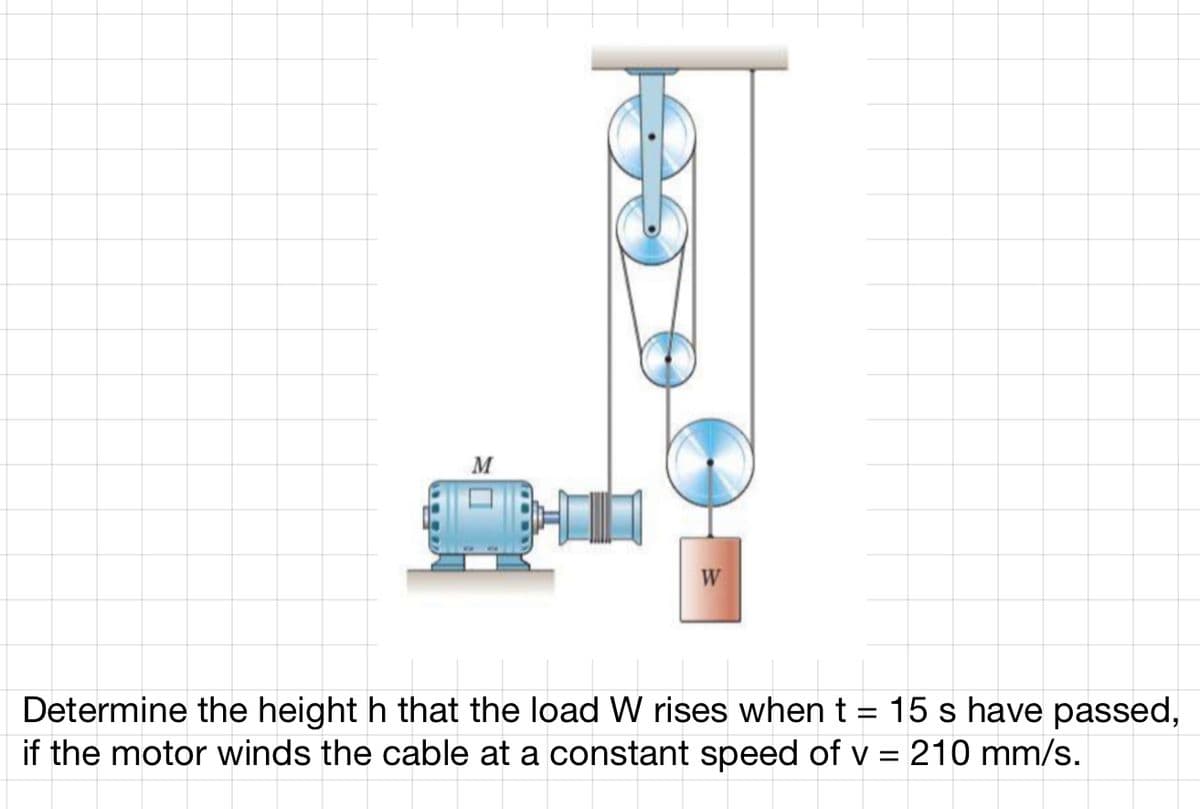 M
W
Determine the height h that the load W rises when t = 15 s have passed,
if the motor winds the cable at a constant speed of v = 210 mm/s.