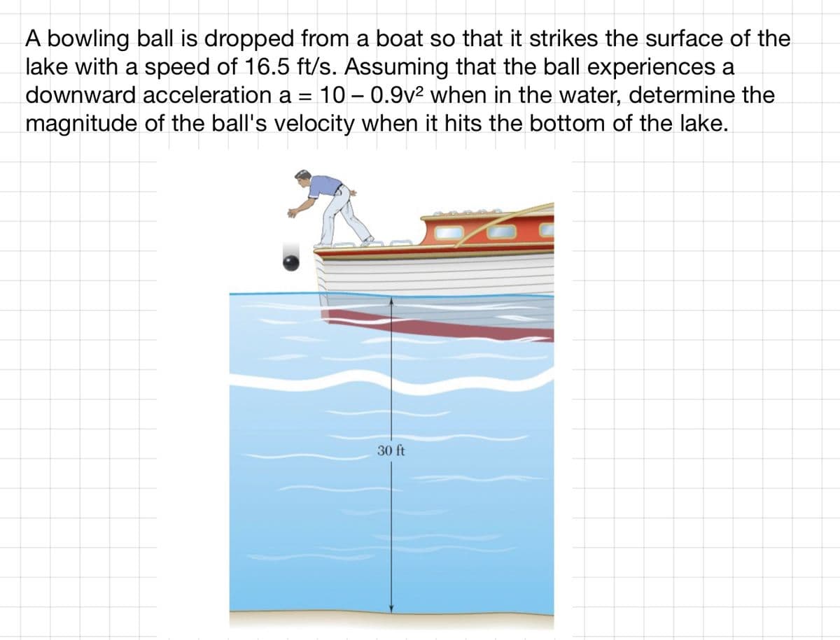 A bowling ball is dropped from a boat so that it strikes the surface of the
lake with a speed of 16.5 ft/s. Assuming that the ball experiences a
downward acceleration a = 10-0.9v² when in the water, determine the
magnitude of the ball's velocity when it hits the bottom of the lake.
30 ft