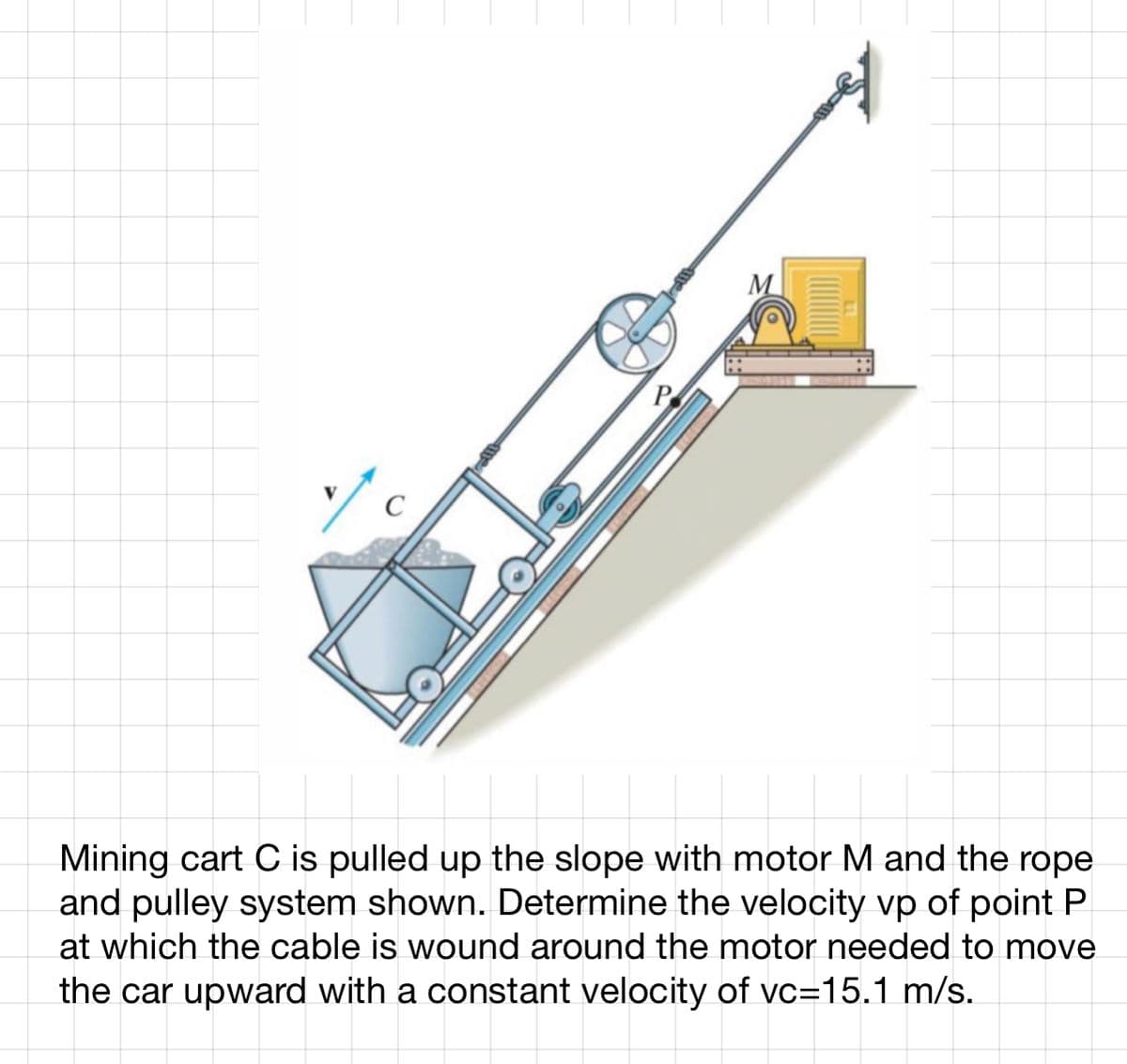 v/c
P
Mining cart C is pulled up the slope with motor M and the rope
and pulley system shown. Determine the velocity vp of point P
at which the cable is wound around the motor needed to move
the car upward with a constant velocity of vc=15.1 m/s.