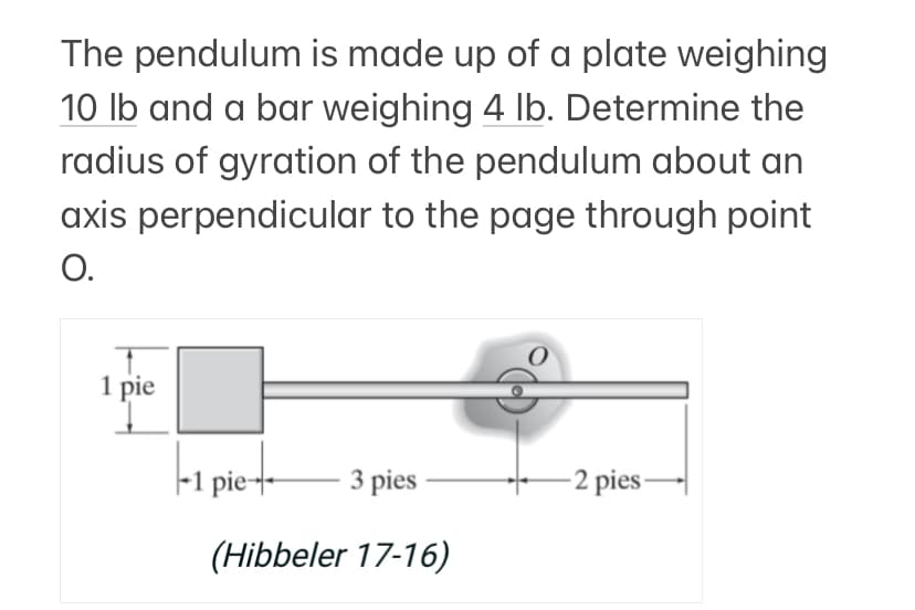 The pendulum is made up of a plate weighing
10 lb and a bar weighing 4 lb. Determine the
radius of gyration of the pendulum about an
axis perpendicular to the page through point
O.
1 pie
-1 pie
3 pies
(Hibbeler 17-16)
-2 pies-