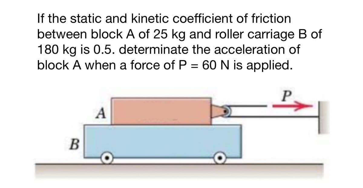 If the static and kinetic coefficient of friction
between block A of 25 kg and roller carriage B of
180 kg is 0.5. determinate the acceleration of
block A when a force of P = 60 N is applied.
B
A
P