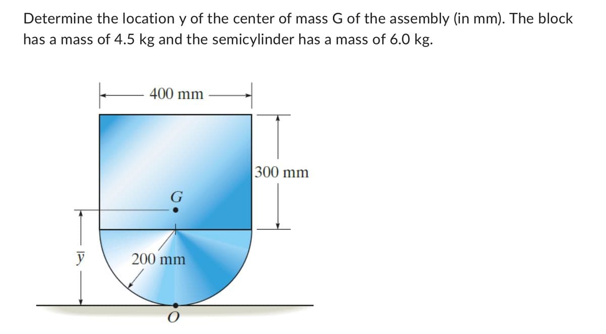 Determine the location y of the center of mass G of the assembly (in mm). The block
has a mass of 4.5 kg and the semicylinder has a mass of 6.0 kg.
y
400 mm
G
200 mm
300 mm