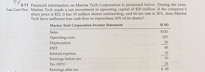 2-11
Free Cash Flow
Financial information on Marine Tech Corporation is presented below. During the year,
Marine Tech made a net investment in operating capital of $30 million. If the company's
share price is $22, it has 10 million shares outstanding, and its tax rate is 30%, does Marine
Tech have sufficient free cash flow to repurchase 10% of its shares?
Marine Tech Corporation Income Statement
Sales
Operating costs
Depreciation
EBIT
Interest expense
Earnings before tax
Tax (30%)
Earnings after tax
($ M)
$320
220
20
80
10
70
21
$49