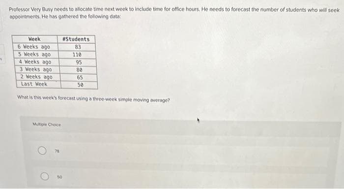 s
Professor Very Busy needs to allocate time next week to include time for office hours. He needs to forecast the number of students who will seek
appointments. He has gathered the following data:
Week
6 Weeks ago
5 Weeks ago
4 Weeks ago
3 Weeks ago
2 Weeks ago
Last Week
What is this week's forecast using a three-week simple moving average?
Multiple Choice
78
#Students
83
110
95
80
65
50