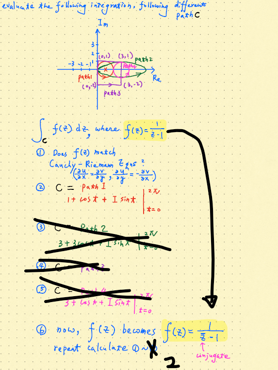 evalieante the folliwing innegratin ni fullowing dif
Path C
I'm
2 fo,1). (3,!)
-3 -2 -1'
pathz
path!
Re
(3,-2)
path3
| f(2) dz where
f12)=
O. Does fl2) match
Cauchy, - Riemami Zgas
C = path I
け cosオ + ISint.
オニ。
Lith 2
3+3
3+ las A +. I Si4 t
® now, flz) becomes fle)=
repeit calcu late
cinjugatie
