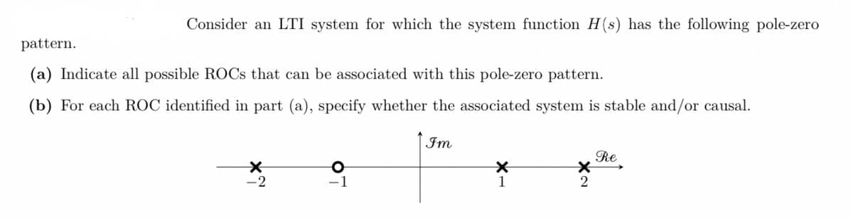 Consider an LTI system for which the system function H(s) has the following pole-zero
pattern.
(a) Indicate all possible ROCs that can be associated with this pole-zero pattern.
(b) For each ROC identified in part (a), specify whether the associated system is stable and/or causal.
Im
Re
*
-2
-1
1
2