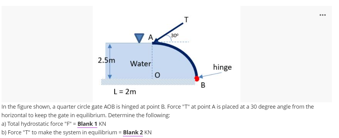 T
A
300
2.5m
Water
hinge
L = 2m
In the figure shown, a quarter circle gate AOB is hinged at point B. Force "T" at point A is placed at a 30 degree angle from the
horizontal to keep the gate in equilibrium. Determine the following:
a) Total hydrostatic force "F" = Blank 1 KN
b) Force "T" to make the system in equilibrium = Blank 2 KN
