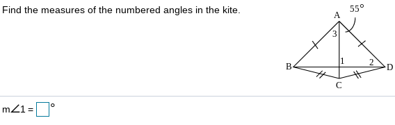 Find the measures of the numbered angles in the kite.
55°
A
B
D
C
m21 =
