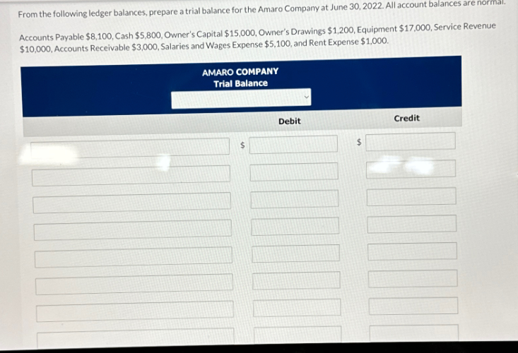 From the following ledger balances, prepare a trial balance for the Amaro Company at June 30, 2022. All account balances are normal.
Accounts Payable $8,100, Cash $5,800, Owner's Capital $15,000, Owner's Drawings $1,200, Equipment $17,000, Service Revenue
$10,000, Accounts Receivable $3,000, Salaries and Wages Expense $5,100, and Rent Expense $1,000.
AMARO COMPANY
Trial Balance
Debit
Credit
N
ITI