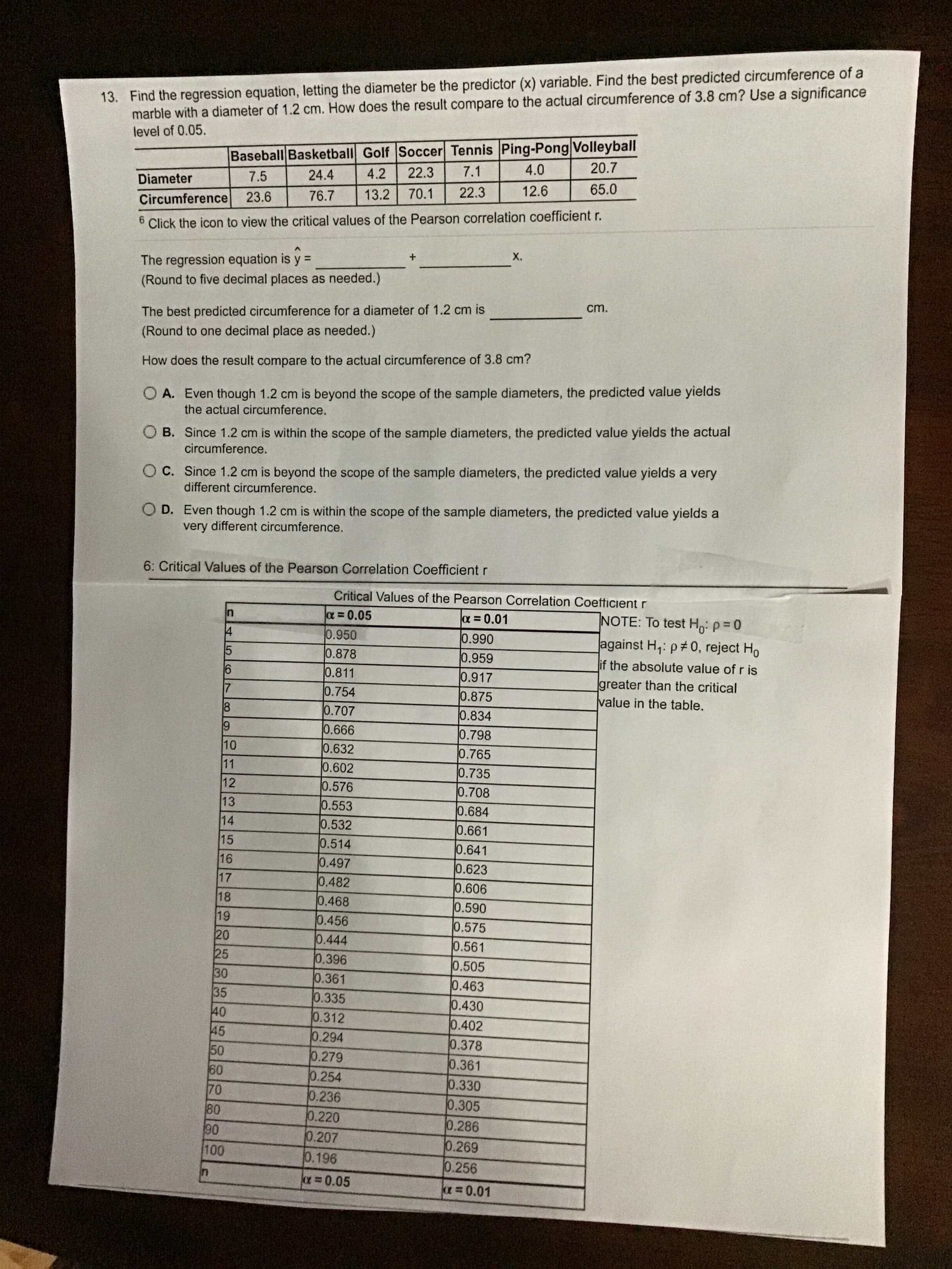 13. Find the regression equation, letting the diameter be the predictor (x) variable. Find the best predicted circumference of a
marble with a diameter of 1.2 cm. How does the result compare to the actual circumference of 3.8 cm? Use a significance
level of 0.05.
Baseball Basketball Golf Soccer Tennis Ping-Pong Volleyball
20.7
7.5
24.4
4.2
22.3
7.1
4.0
Diameter
Circumference
23.6
76.7
13.2
70.1
22.3
12.6
65.0
6.
Click the icon to view the critical values of the Pearson correlation coefficient r.
The regression equation is y =
(Round to five decimal places as needed.)
X.
The best predicted circumference for a diameter of 1.2 cm is
(Round to one decimal place as needed.)
ст.
How does the result compare to the actual circumference of 3.8 cm?
O A. Even though 1.2 cm is beyond the scope of the sample diameters, the predicted value yields
the actual circumference.
O B. Since 1.2 cm is within the scope of the sample diameters, the predicted value yields the actual
circumference.
O C. Since 1.2 cm is beyond the scope of the sample diameters, the predicted value yields a very
different circumference.
O D. Even though 1.2 cm is within the scope of the sample diameters, the predicted value yields a
very different circumference.
