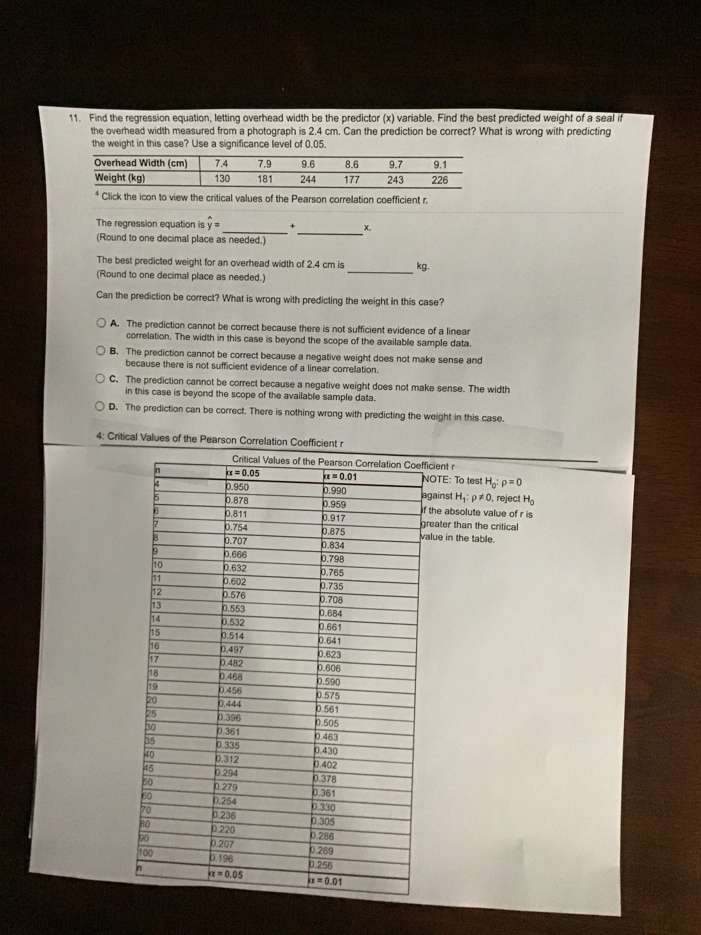 11. Find the regression equation, letting overhead width be the predictor (x) variable. Find the best predicted weight of a seal if
the overhead width measured from a photograph is 2.4 cm. Can the prediction be correct? What is wrong with predicting
the weight in this case? Use a significance level of 0.05.
Overhead Width (cm)
7.4
7.9
9.6
8.6
9.7
9.1
Weight (kg)
130
181
244
177
243
226
4.
Click the icon to view the critical values of the Pearson correlation coefficient r.
The regression equation is y
(Round to one decimal place as needed.)
%3D
X.
The best predicted weight for an overhead width of 2.4 cm is
(Round to one decimal place as needed.)
kg.
Can the prediction be correct? What is wrong with predicting the weight in this case?
O A. The prediction cannot be correct because there is not sufficient evidence of a linear
correlation. The width in this case is beyond the scope of the available sample data.
O B. The prediction cannot be correct because a negative weight does not make sense and
because there is not sufficient evidence of a linear correlation.
O C. The prediction cannot be correct because a negative weight does not make sense. The width
in this case is beyond the scope of the available sample data.
O D. The prediction can be correct. There is nothing wrong with predicting the wejght in this case
