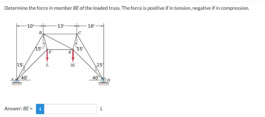 Determine the force in member BE of the loaded truss. The force is positive if in tension, negative if in compression.
15
40⁰
10
Answer: BE =
B.
15%
IM
13'
E
21
15
10'
15
40
L