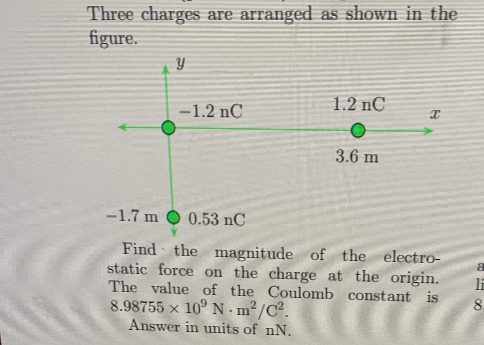 Three charges are arranged as shown in the
figure.
Y
−1.2 nC
1.2 nC
3.6 m
-1.7 m O 0.53 nC
Find the magnitude of the electro-
static force on the charge at the origin.
The value of the Coulomb constant is
8.98755 × 10º N · m²/C².
Answer in units of nN.
CO
a
li
8.