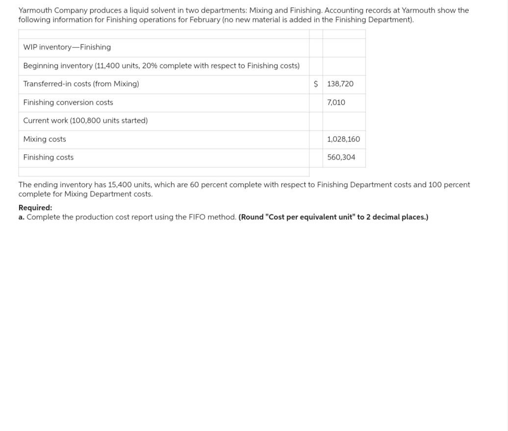 Yarmouth Company produces a liquid solvent in two departments: Mixing and Finishing. Accounting records at Yarmouth show the
following information for Finishing operations for February (no new material is added in the Finishing Department).
WIP inventory-Finishing
Beginning inventory (11,400 units, 20% complete with respect to Finishing costs)
Transferred-in costs (from Mixing)
Finishing conversion costs
Current work (100,800 units started)
Mixing costs
Finishing costs
$ 138,720
7,010
1,028,160
560,304
The ending inventory has 15,400 units, which are 60 percent complete with respect to Finishing Department costs and 100 percent
complete for Mixing Department costs.
Required:
a. Complete the production cost report using the FIFO method. (Round "Cost per equivalent unit" to 2 decimal places.)