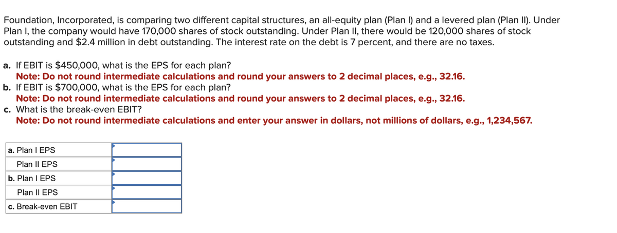 Foundation, Incorporated, is comparing two different capital structures, an all-equity plan (Plan I) and a levered plan (Plan II). Under
Plan I, the company would have 170,000 shares of stock outstanding. Under Plan II, there would be 120,000 shares of stock
outstanding and $2.4 million in debt outstanding. The interest rate on the debt is 7 percent, and there are no taxes.
a. If EBIT is $450,000, what is the EPS for each plan?
Note: Do not round intermediate calculations and round your answers to 2 decimal places, e.g., 32.16.
b. If EBIT is $700,000, what is the EPS for each plan?
Note: Do not round intermediate calculations and round your answers to 2 decimal places, e.g., 32.16.
c. What is the break-even EBIT?
Note: Do not round intermediate calculations and enter your answer in dollars, not millions of dollars, e.g., 1,234,567.
a. Plan I EPS
Plan II EPS
b. Plan I EPS
Plan II EPS
c. Break-even EBIT