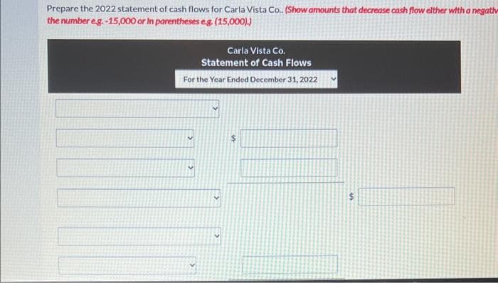 Prepare the 2022 statement of cash flows for Carla Vista Co.. (Show amounts that decrease cash flow elther with a negath
the number e.g.-15,000 or In parentheses e.g. (15,000).)
Carla Vista Co.
Statement of Cash Flows
For the Year Ended December 31, 2022