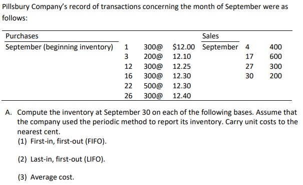 Pillsbury Company's record of transactions concerning the month of September were as
follows:
Sales
300@ $12.00 September 4
200@ 12.10
17
12
300@
12.25
27
16 300@
12.30
30
22
500@
12.30
26
300@ 12.40
Purchases
September (beginning inventory) 1
3
400
600
300
200
A. Compute the inventory at September 30 on each of the following bases. Assume that
the company used the periodic method to report its inventory. Carry unit costs to the
nearest cent.
(1) First-in, first-out (FIFO).
(2) Last-in, first-out (LIFO).
(3) Average cost.