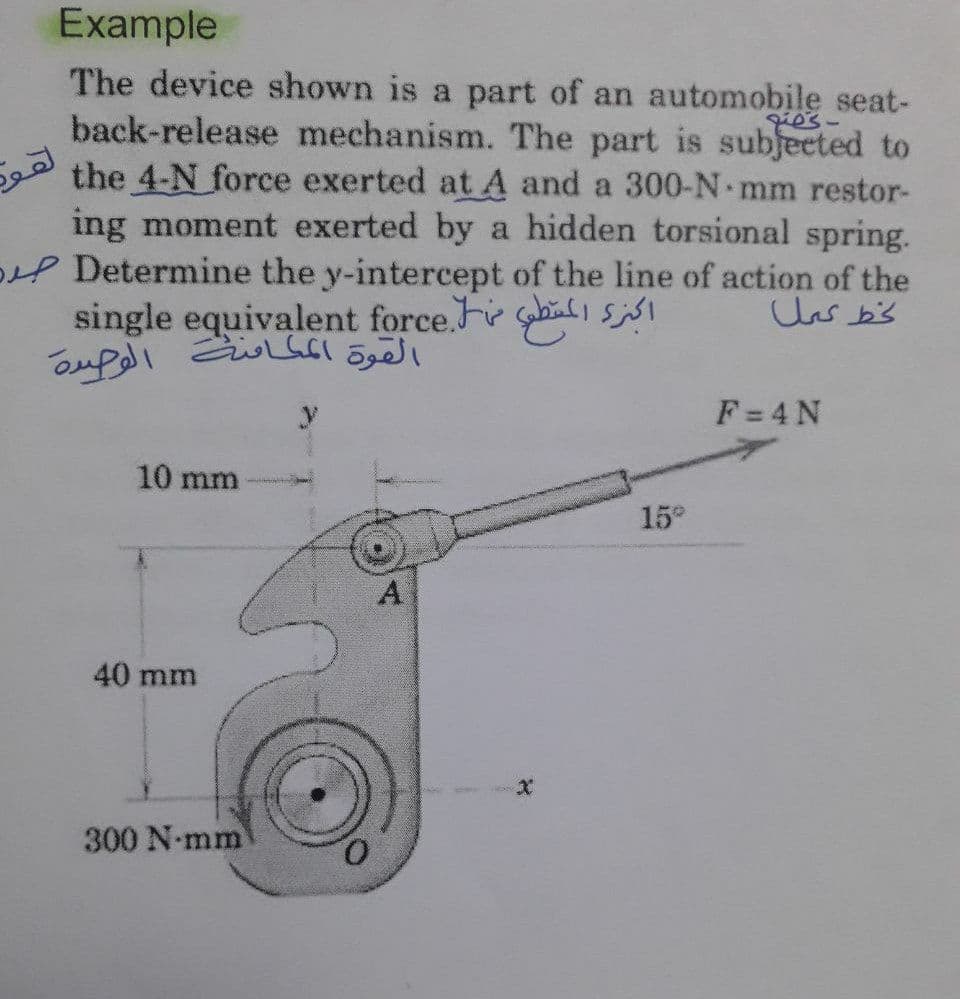 Example
The device shown is a part of an automobile seat-
back-release mechanism. The part is subjected to
the 4-N force exerted at A and a 300-N mm restor-
ing moment exerted by a hidden torsional spring.
P Determine the y-intercept of the line of action of the
single equivalent force.Fe sbili sisi
Uas b's
F=4 N
10 mm
15°
40 mm
300 N-mm
